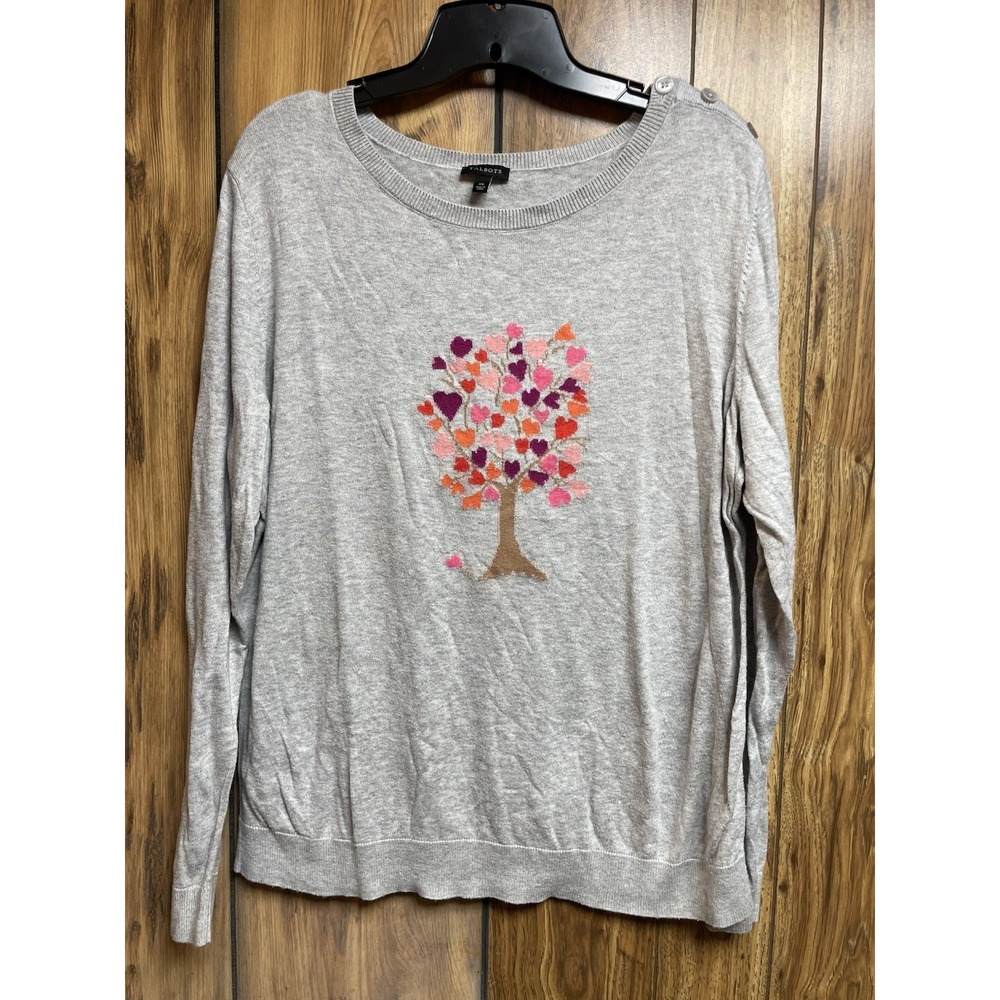Talbots Sweater‎ Womens XL Soft Gray Heart Tree Knit Button Detail